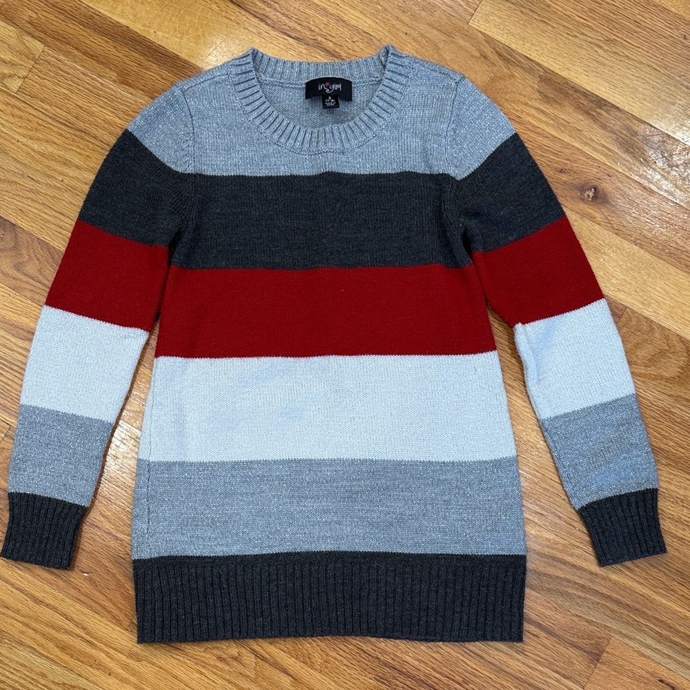 I.N. Girl Tunic Striped Crewneck Sweater - Red, Gray, and Black (Size 7-8)